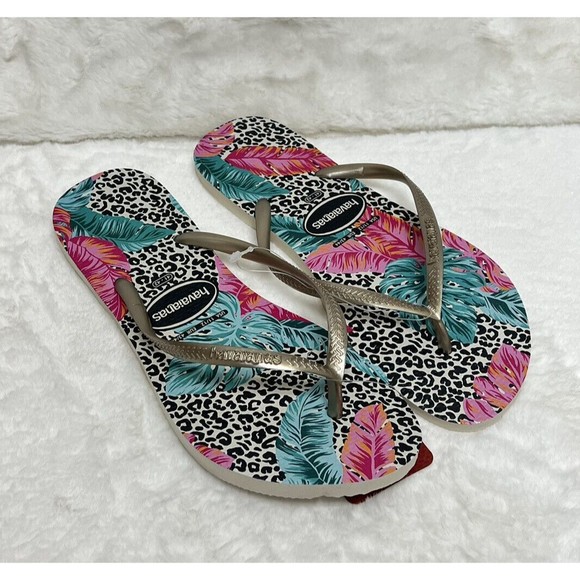 Havaianas Womens Slim Animal Print Leaf Floral Pink Beige Flip- Flops Size 11/12 - Picture 1 of 6